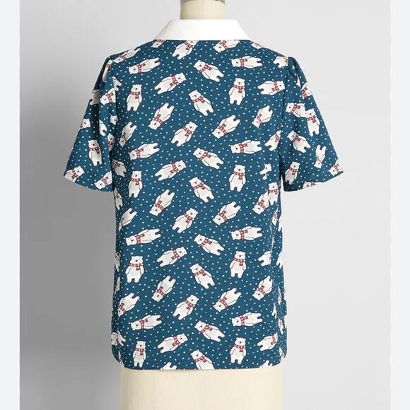 Modcloth Positive First Impressions Tie Neck Blouse 2X Blue Polar Bear Retro - Picture 2 of 10